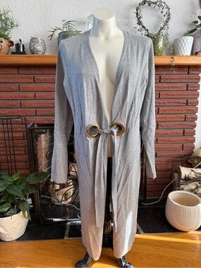 Light Gray Long Open Duster with Gold Ring Tie
